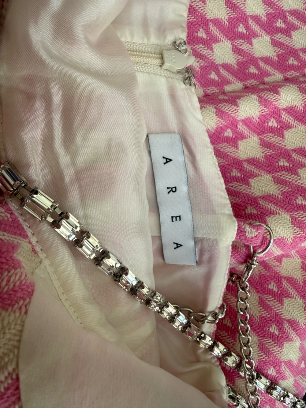 AREA Pink and White Tweed Dress with Silver Chain Detail - Picture 8 of 10